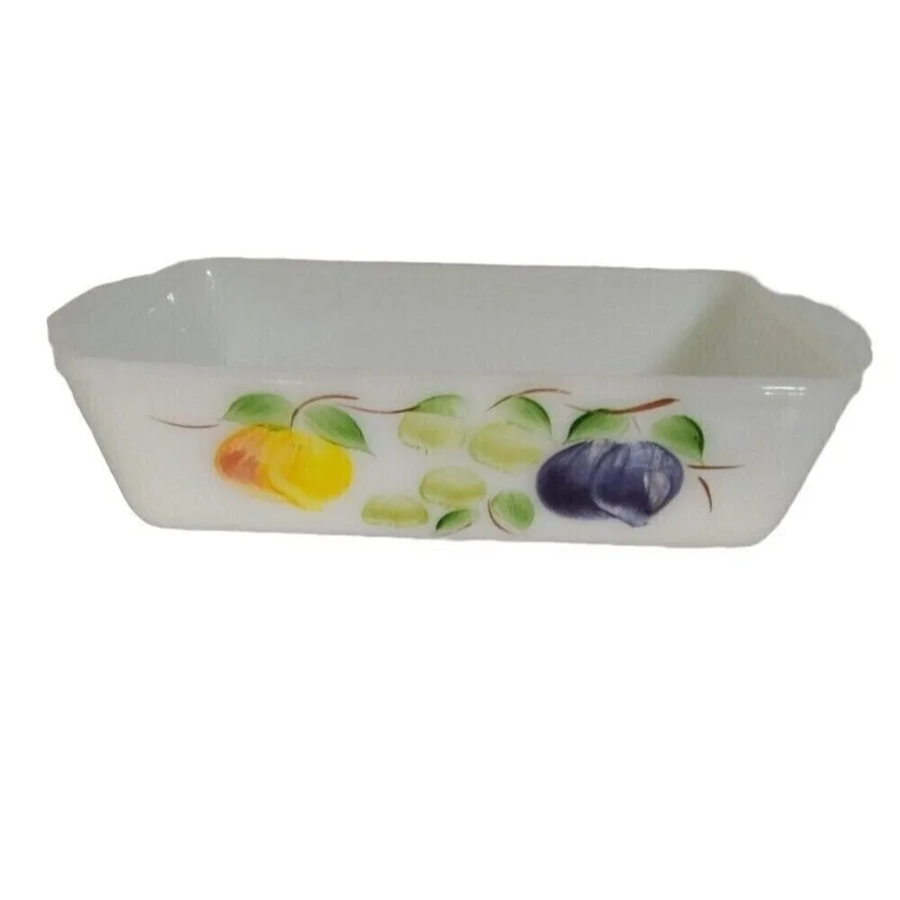 Vintage Fire‎ King Milk Glass Baking Dish Fruit Design Rectangular Casserole Pan